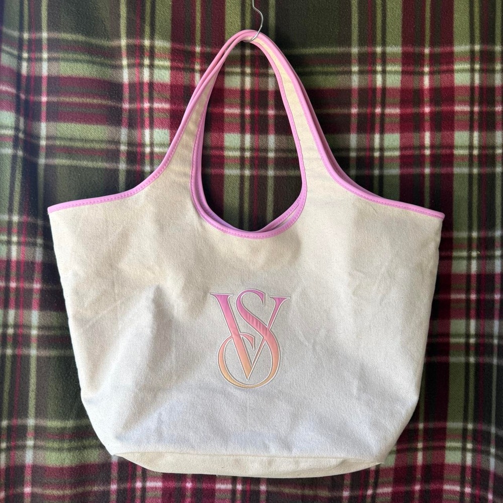 Victoria's Secret Cream Canvas Tote Pink Trim Ombre VS Logo Y2K